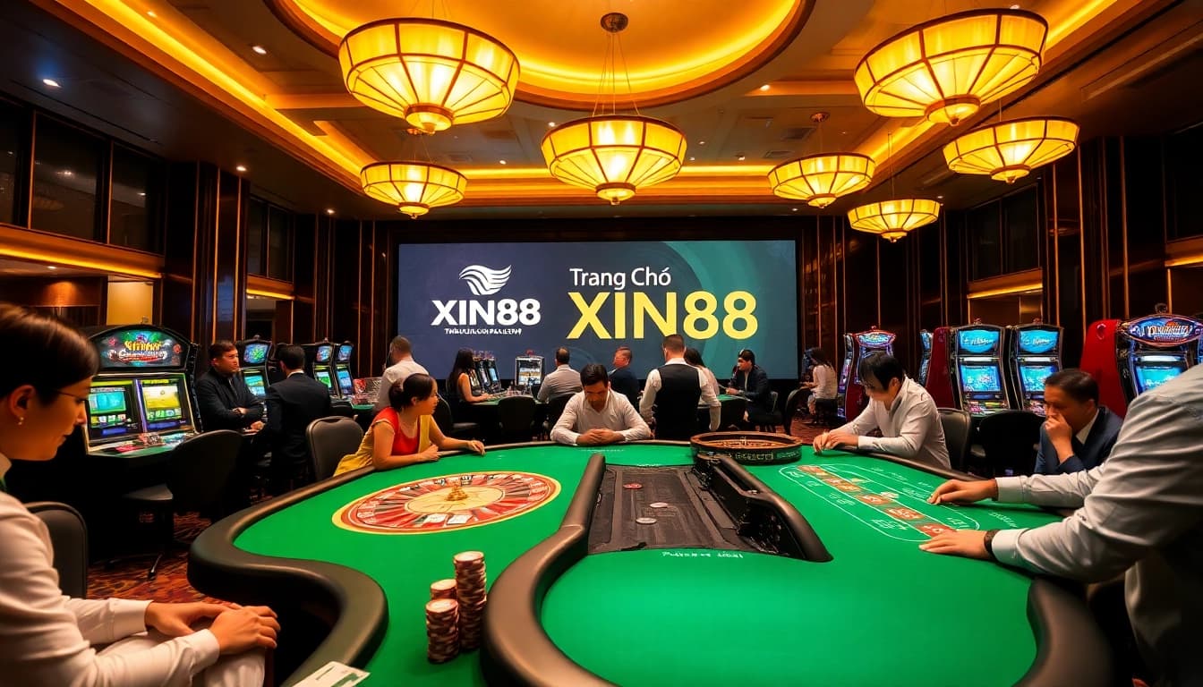 Exciting gameplay at Trang Chủ XIN88 showcasing professional casino tables and vibrant slot machines.