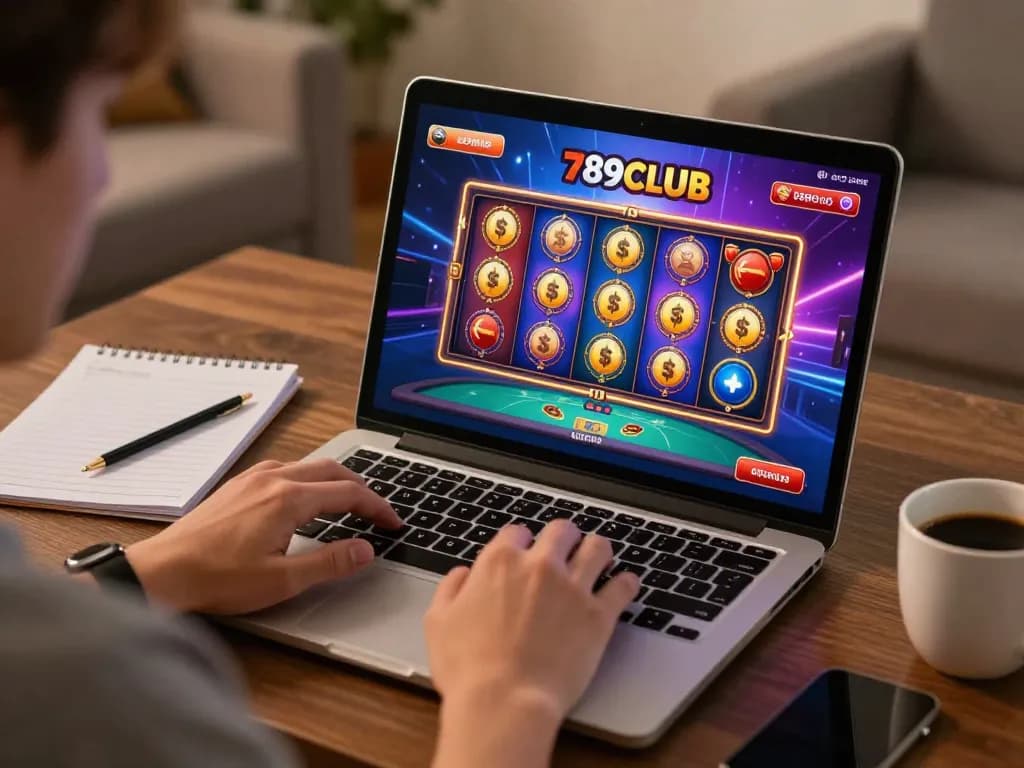 Player engages with immersive 789CLUB online casino app from home, highlighting interactive gaming experience.