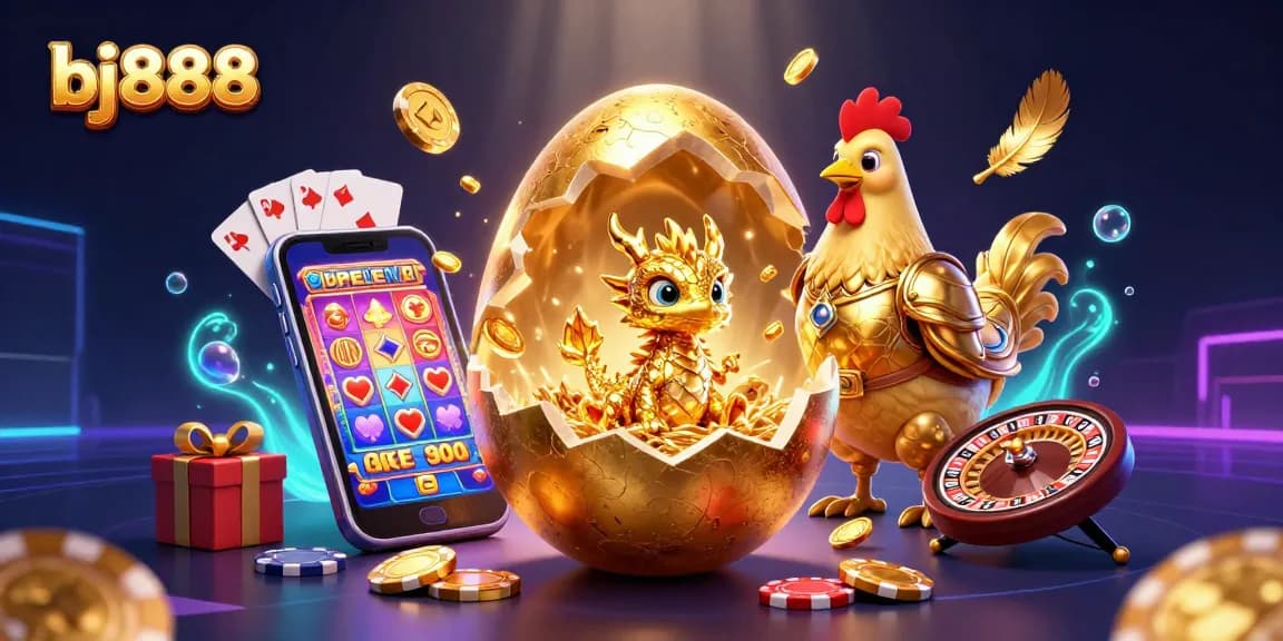 Experience winning thrills at bj888 with a golden dragon amid poker chips and gaming elements.
