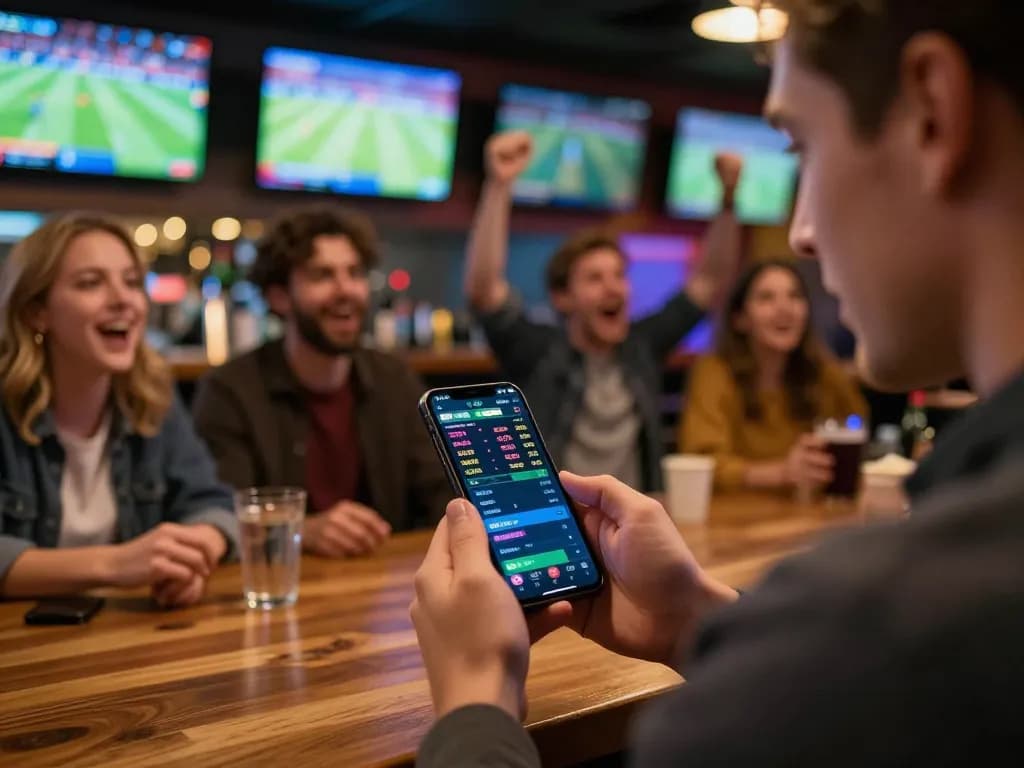 SIN88 sports betting enthusiast analyzing smartphone odds at lively sports bar, surrounded by excited friends