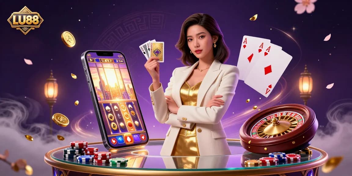 Experience immersive gaming at LU88 with an elegant woman holding golden cards and vibrant casino elements.