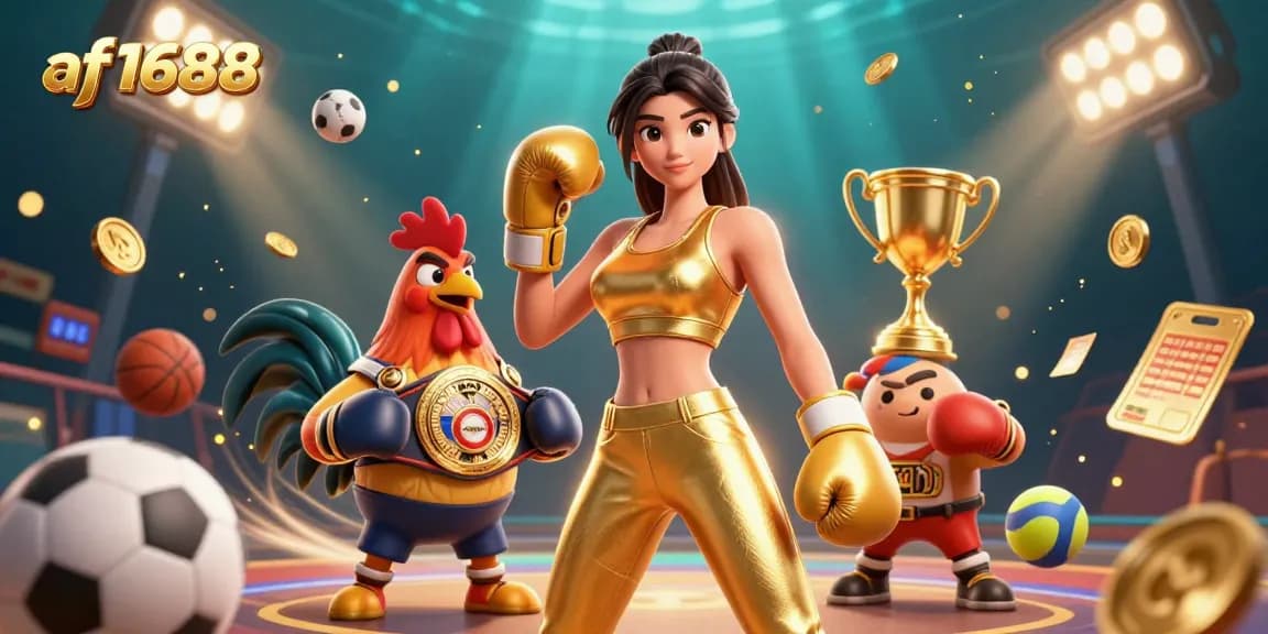 Bet and play exciting casino games at af1688, featuring dynamic characters and vibrant sports elements.