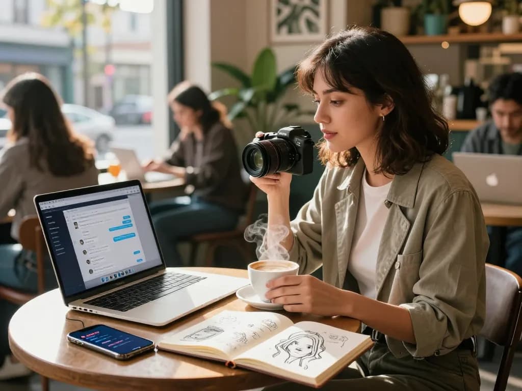 An engaging urban lifestyle scene showcasing a young woman interacting with her AI slut virtual assistant in a vibrant café.