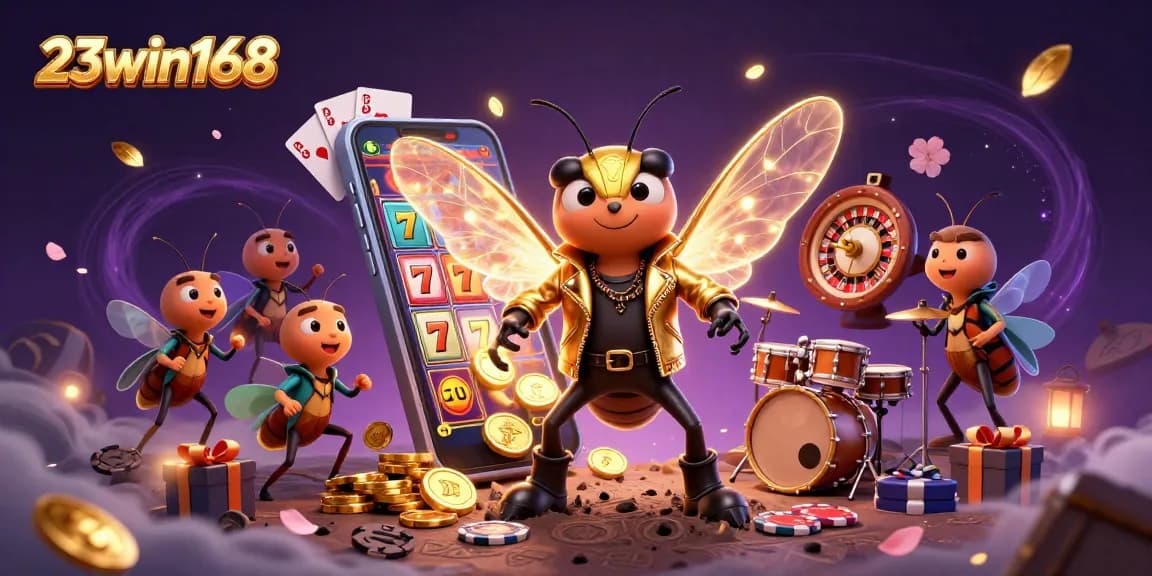 Experience the excitement at 23win168 with a vibrant 3D casino scene filled with games and characters.