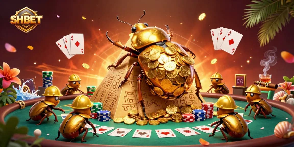 Experience SHBET with a vibrant 3D illustration showcasing a golden beetle and poker themes.