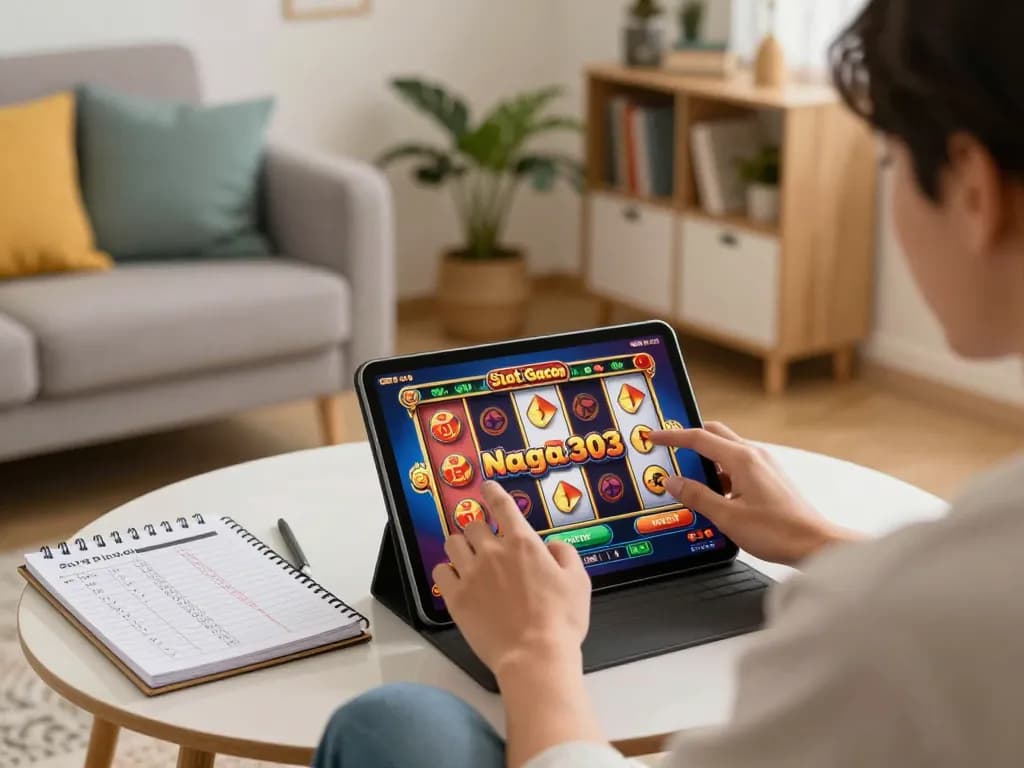 Engaging gameplay of Slot Gacor Naga303 on a tablet, showcasing vibrant slot reels.