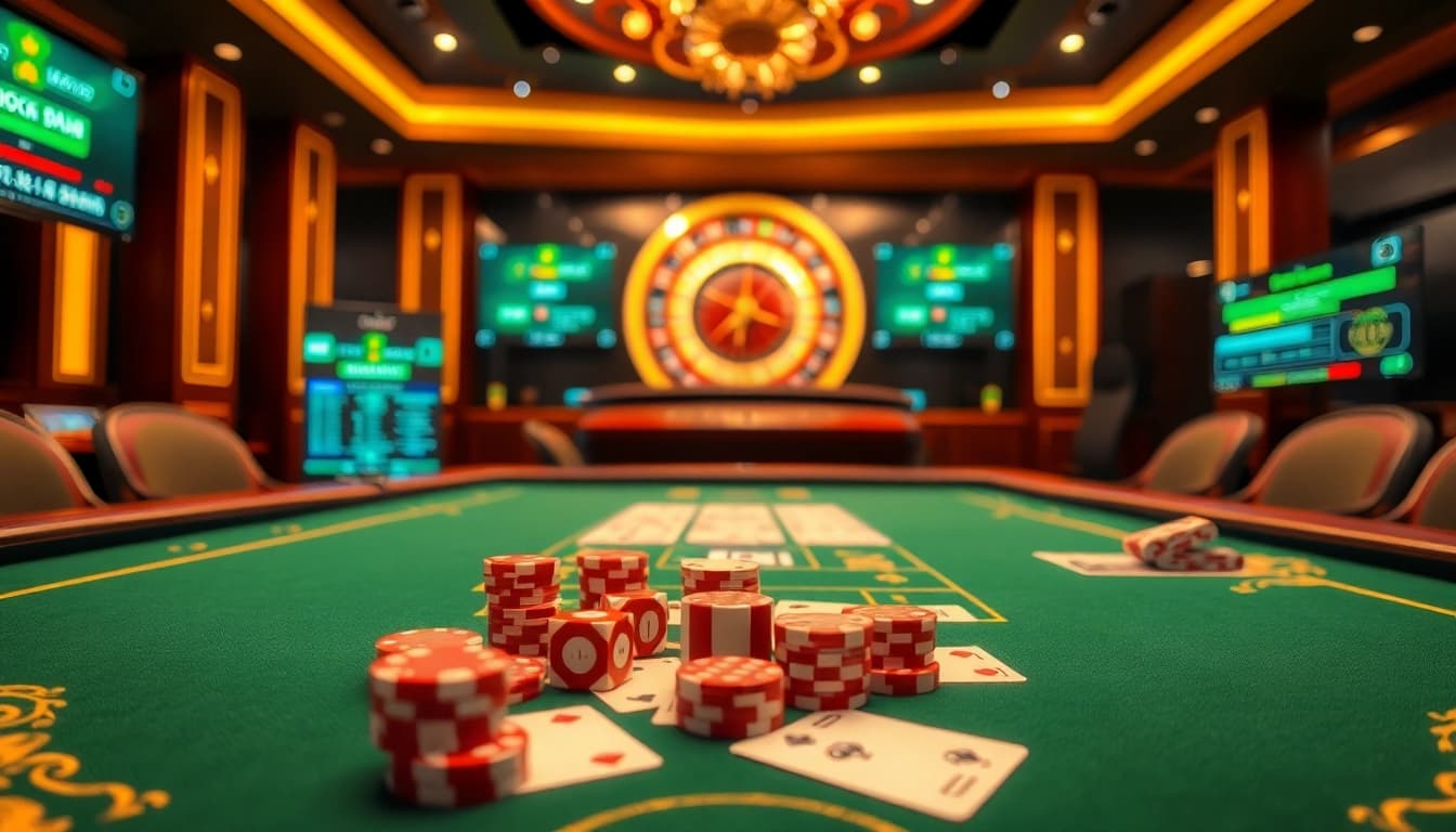 Experience the thrill of kèo nhà cái with vibrant casino visuals, featuring poker chips and betting slips.