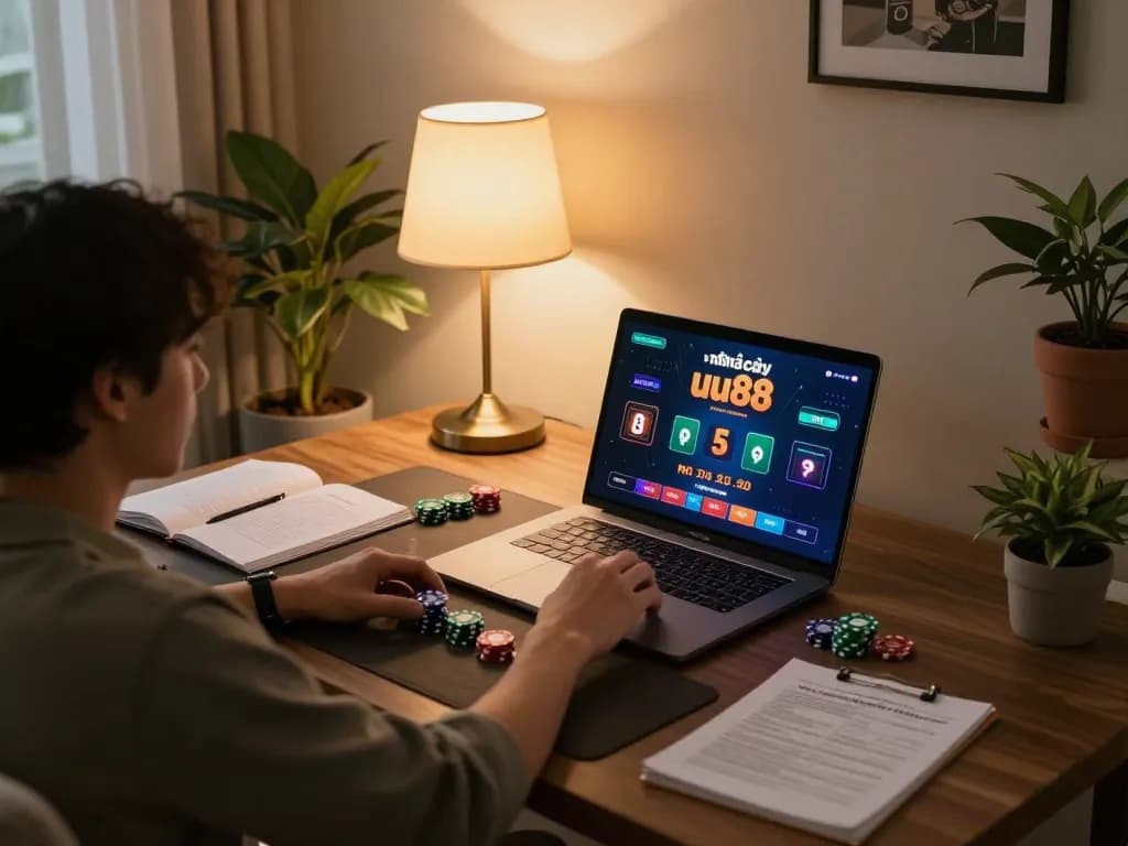 Engaging player using laptop for online gambling at nhà cái uu88 with visible strategy notes