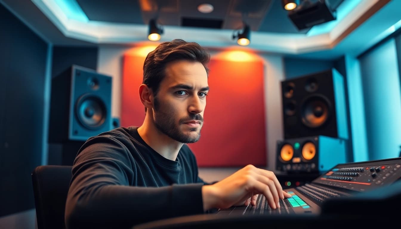 Capture the essence of online mastering with a professional audio engineer immersed in a modern studio environment, showcasing expertise and creativity.