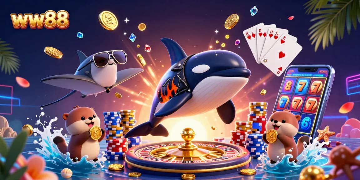 Experience thrilling fun at ww88 with cartoon characters, golden coins, and dynamic casino elements.