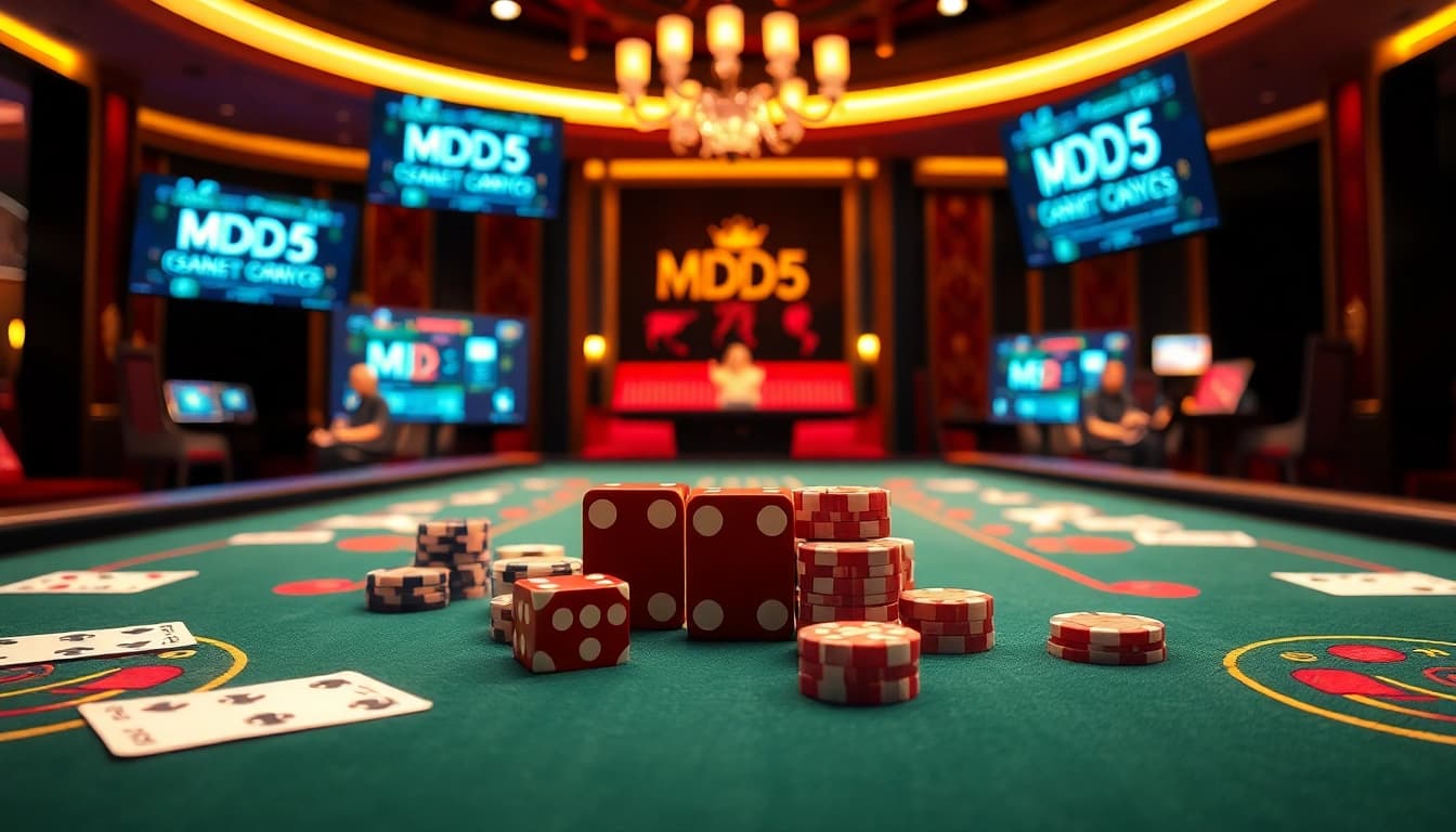 Experience the thrill of Tài Xỉu MD5 with vibrant casino tables and gaming action.