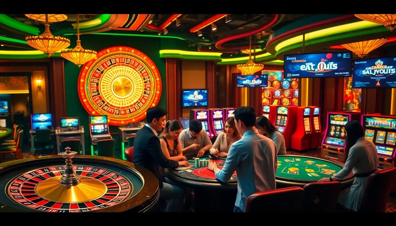 Engaging scene of game bài đổi thưởng with vibrant roulette wheel and players cheering.