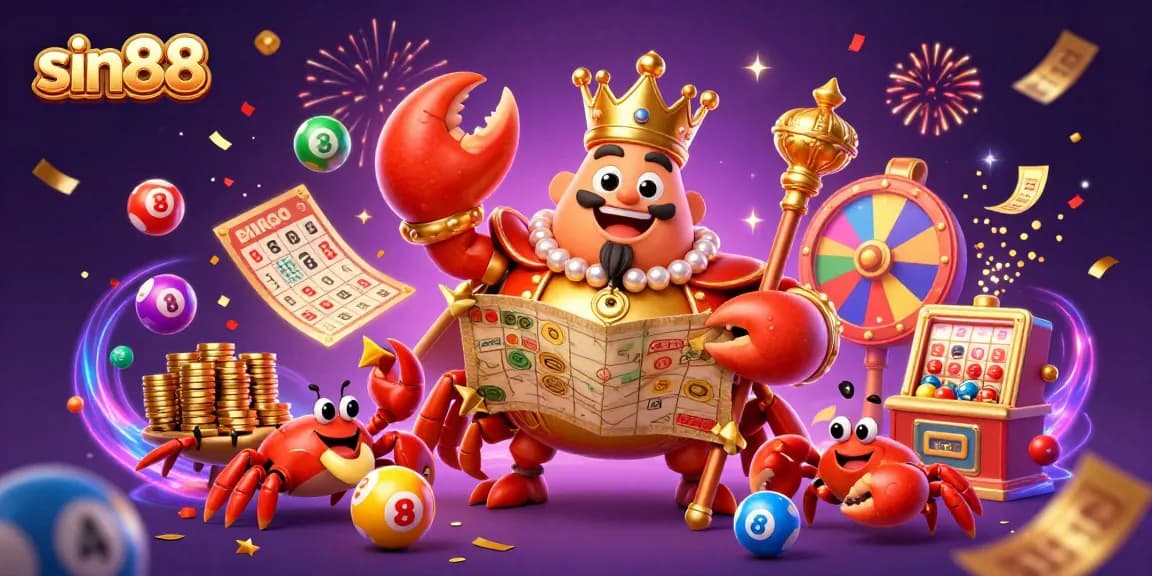 Engage with sin88, featuring a golden crab emperor amidst vibrant lottery and gaming elements.