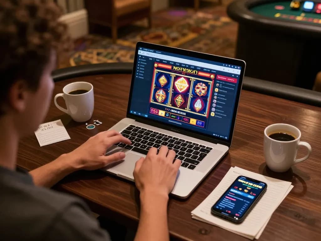 Player engaging with NOHU90 casino games on laptop in cozy home setting