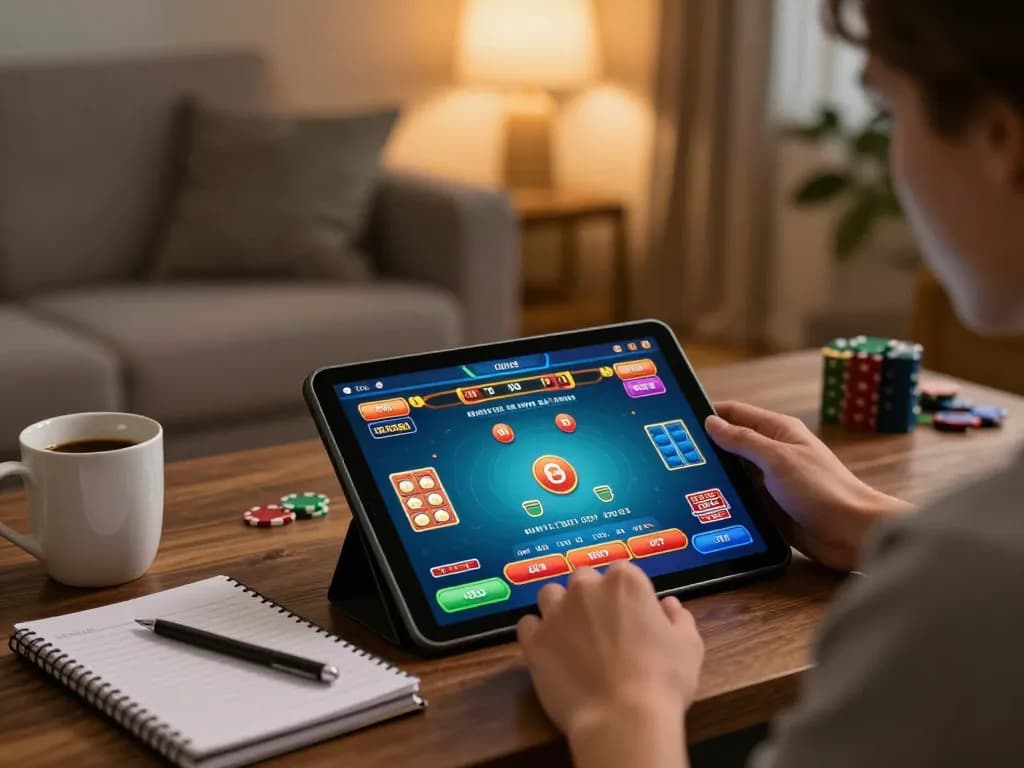 DABET user engaged in online casino play, showcasing poker strategies on a tablet in a cozy home setting.