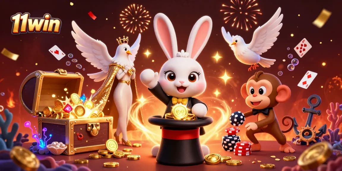 Join the magic at 11win, where a rabbit reveals riches from a top hat in a vibrant casino scene.