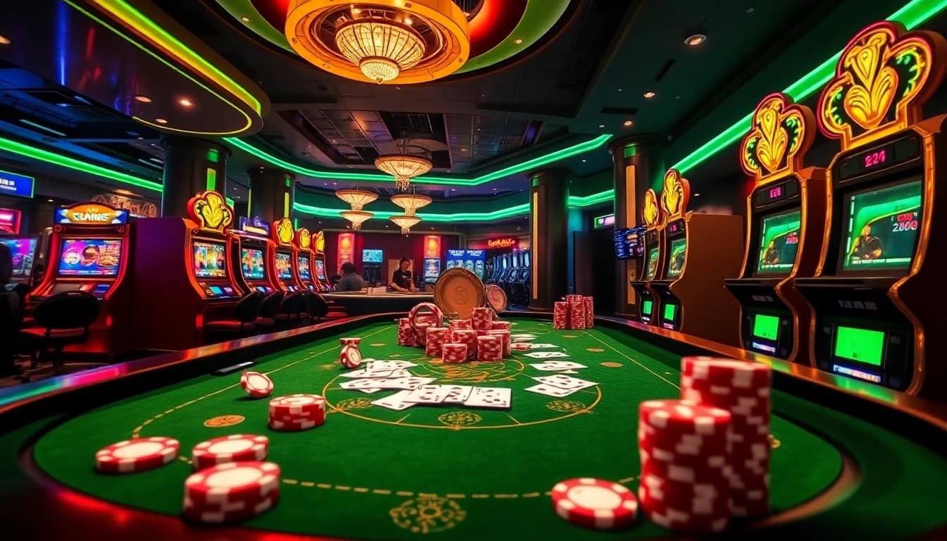 Experience the excitement of playing at https://68vip.red/ featuring a vibrant casino scene with poker chips and cards.