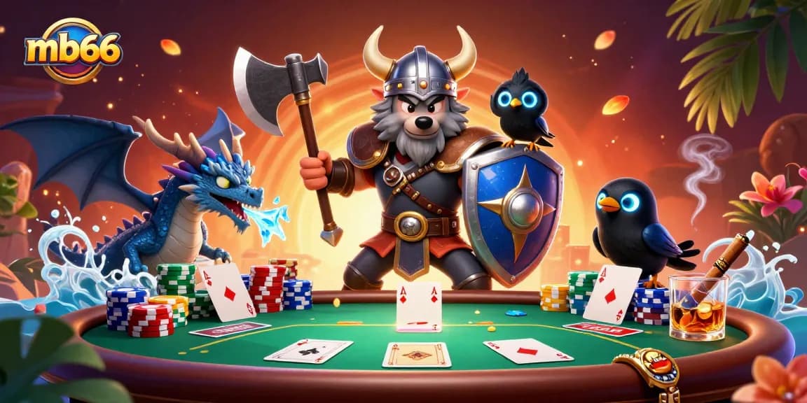 Engage with mb66's vibrant poker scene featuring a Viking wolf warrior, ice-breathing dragon, and numerous poker chips.