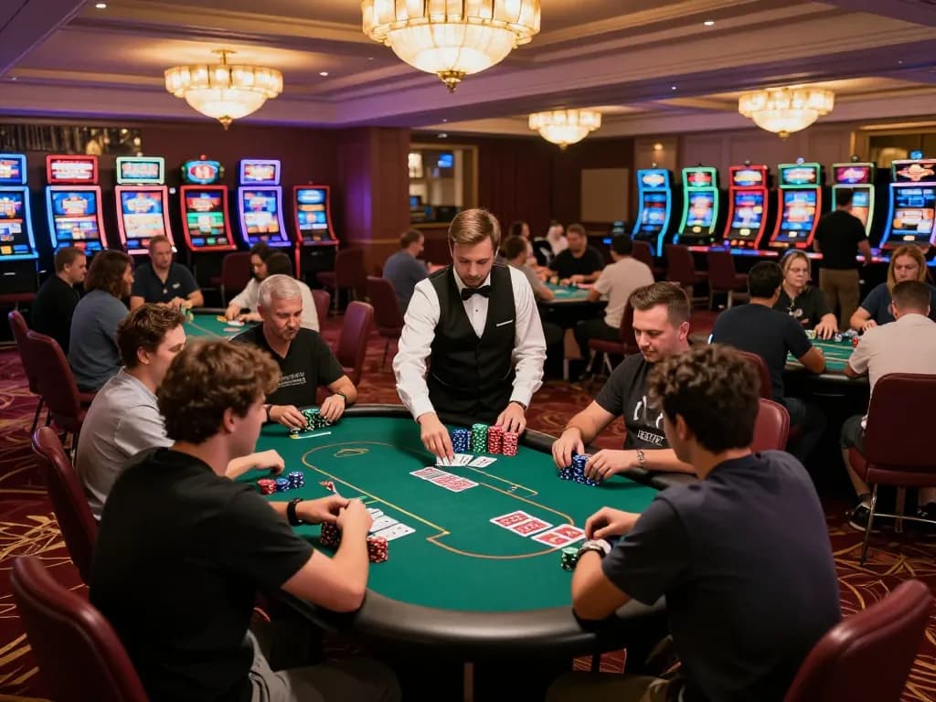 MK8 players strategizing on poker tables in a bustling casino atmosphere, showcasing excitement and engagement.