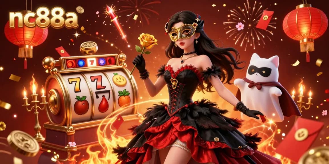 The exciting nc88a casino scene features a glamorous woman and a phantom cat amid vivid slot reels and festive decorations.