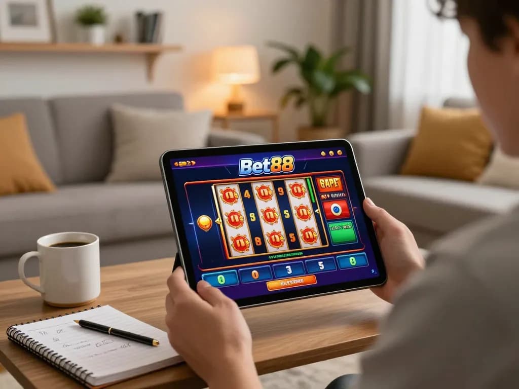 Engaging with Bet88 casino app while relaxing at home shows tablet with slot machine game.
