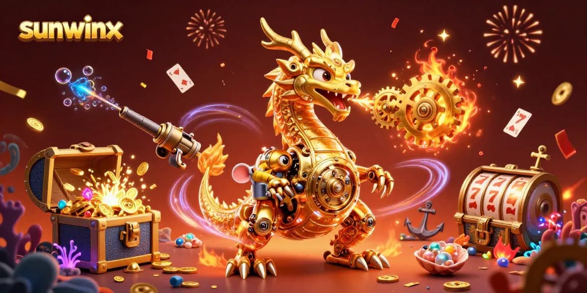 Experience the thrill of sunwinx with a dynamic 3D illustration of a golden dragon amidst casino treasures.