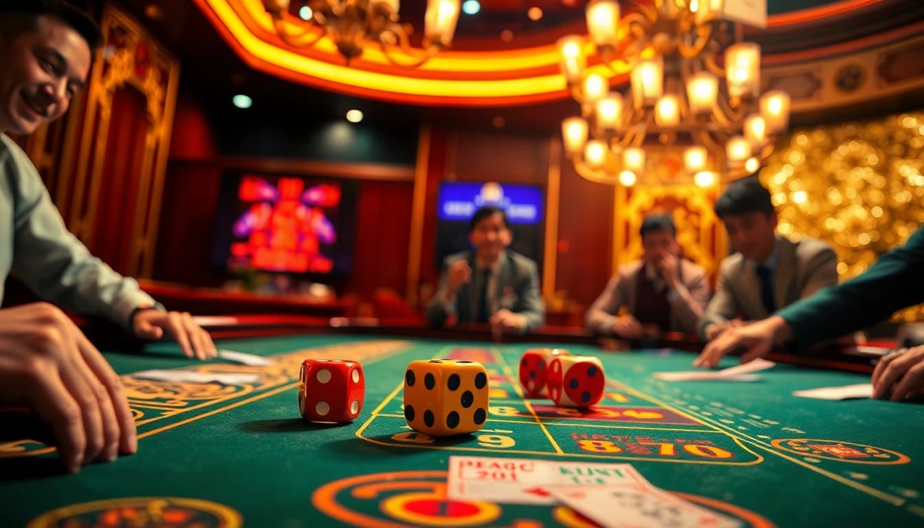 Exciting da88 tài xỉu gambling scene with vibrant dice and colorful betting slips.