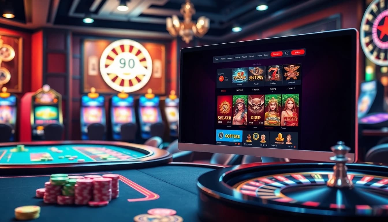 Engaging casino scene featuring Trang chủ lucky88 with vibrant slot machines and roulette table.