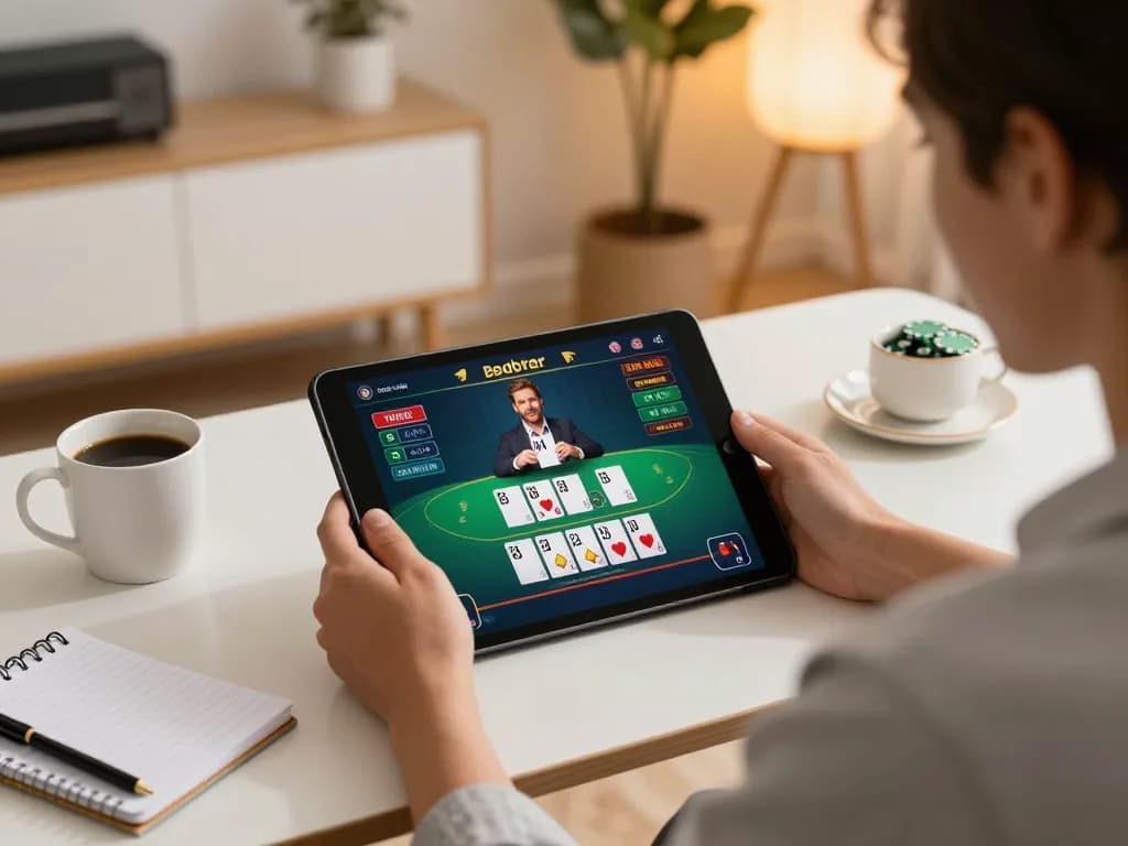 Engaging in live dealer blackjack from home using http://sunwin.loans/ with tablet on stylish setup.