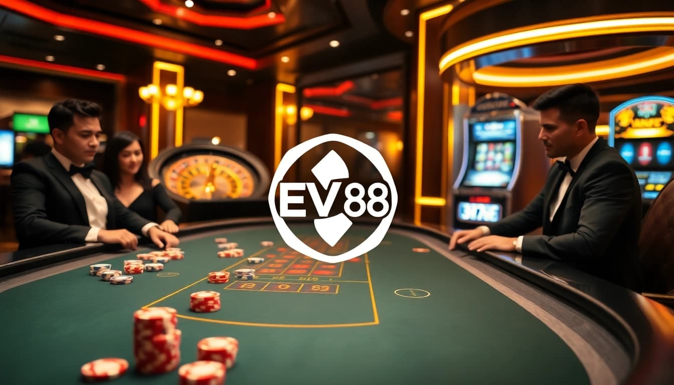 High-stakes players enjoying an EV 88 online gambling experience at a luxurious poker table with vibrant decor.