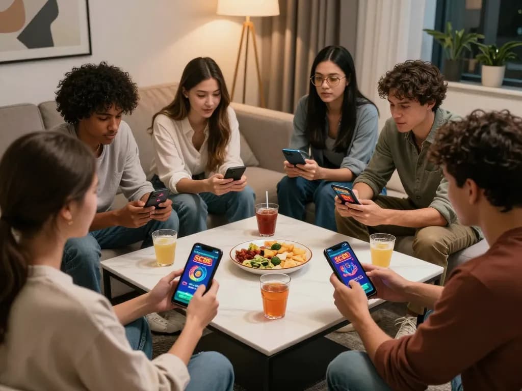 Engaged friends enjoying the SC88 app for online gambling in a vibrant living room with colorful screens and snacks.