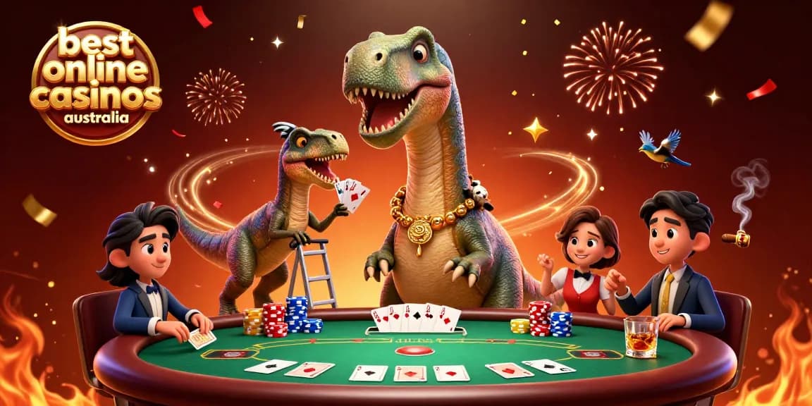 Engage with the best online casinos Australia through a vibrant 3D dinosaur card game scene.