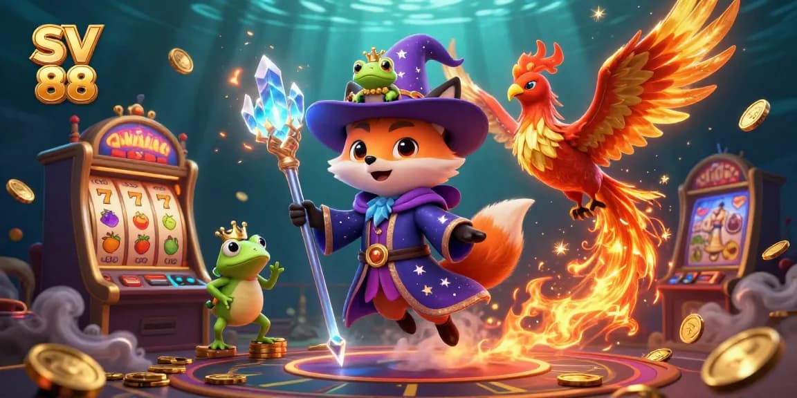 Experience the excitement of SV 88 with a stunning 3D illustration featuring dynamic gaming elements, including slot symbols and sparkling coins.
