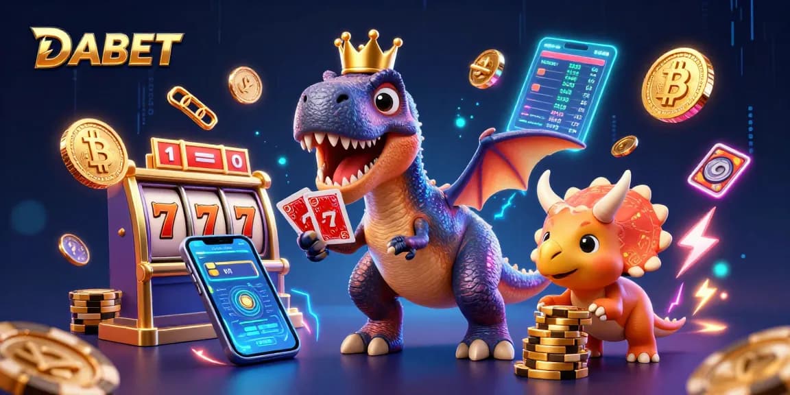 Experience thrilling gameplay at DABET with a T-Rex shuffling cards and vibrant casino elements.