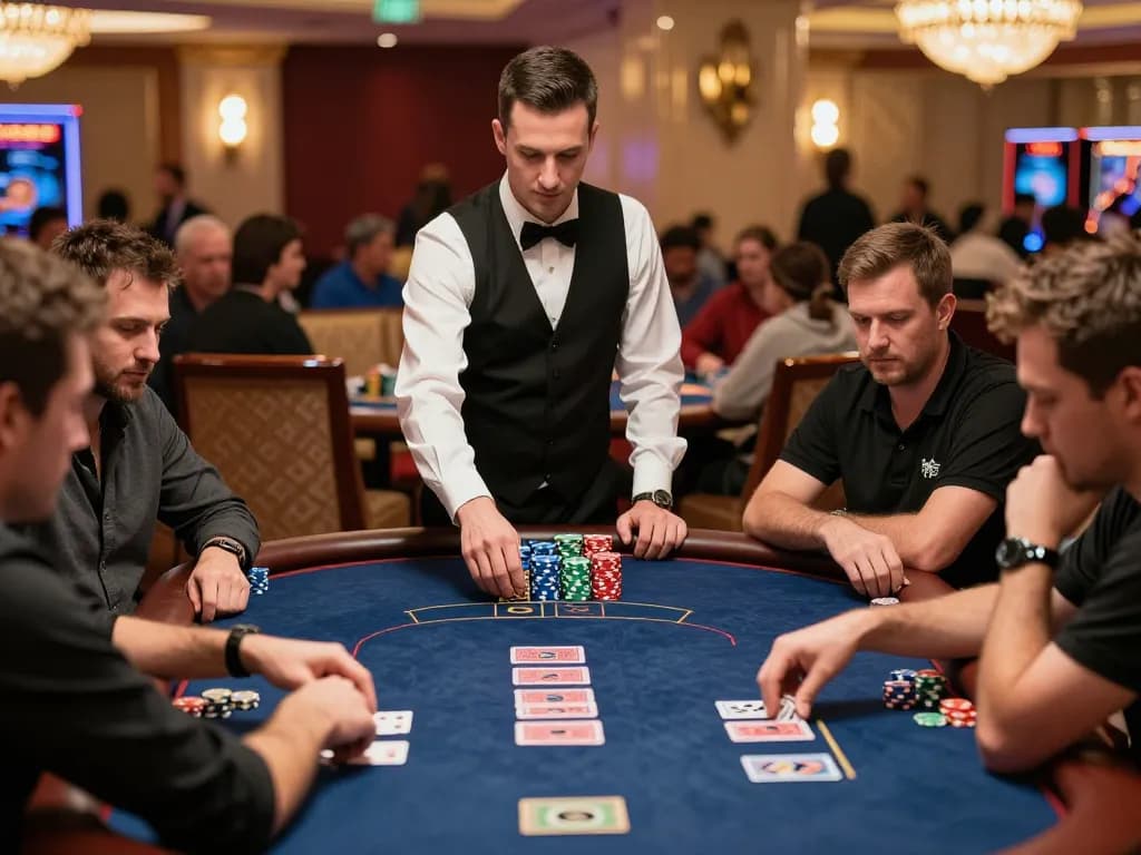 FABET poker players strategizing during a high-stakes tournament in a vibrant Las Vegas casino setting.