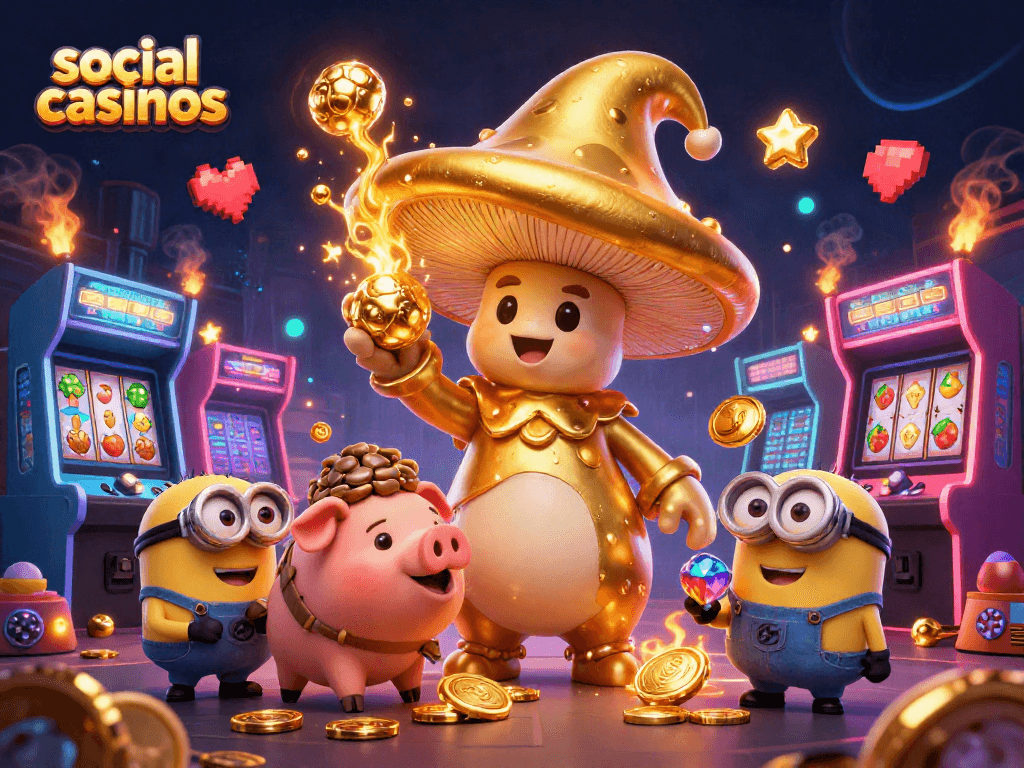 Engage in social casinos with a wizard, treasure-hunting pig, and vibrant gaming elements.