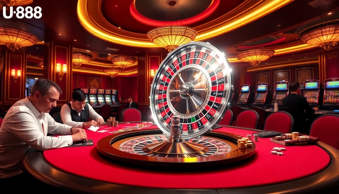 U888 casino scene featuring eager players at a poker table, immersed in high-stakes excitement.