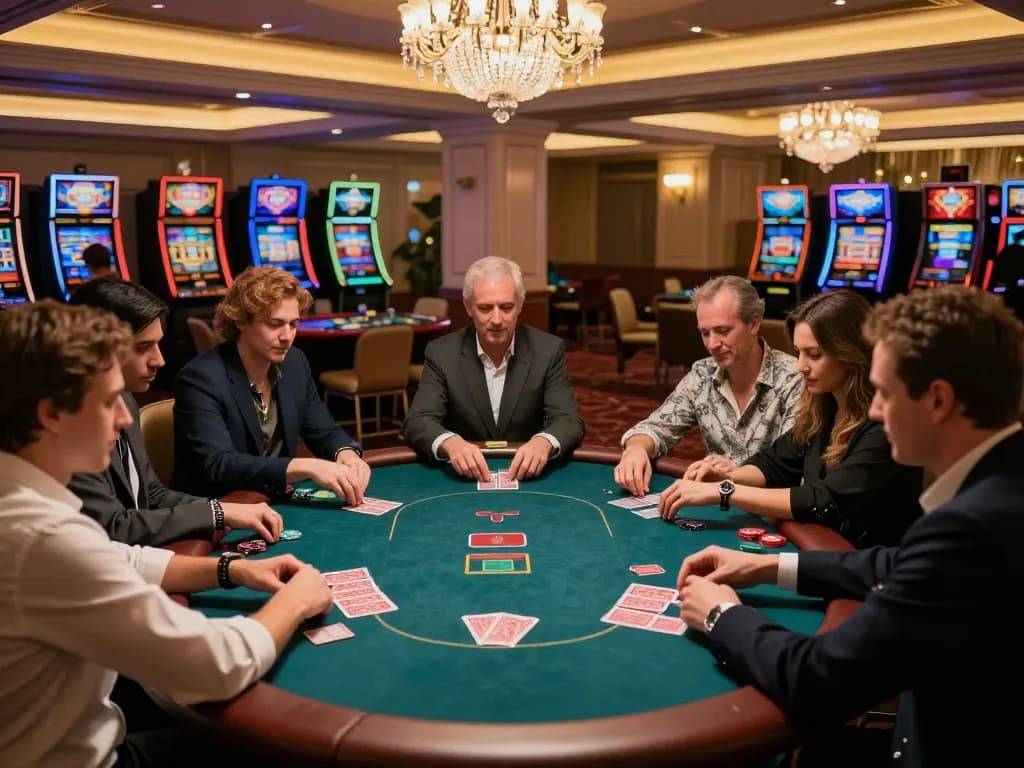 Players at 789bet poker table engaged in game strategy, vibrant casino atmosphere.