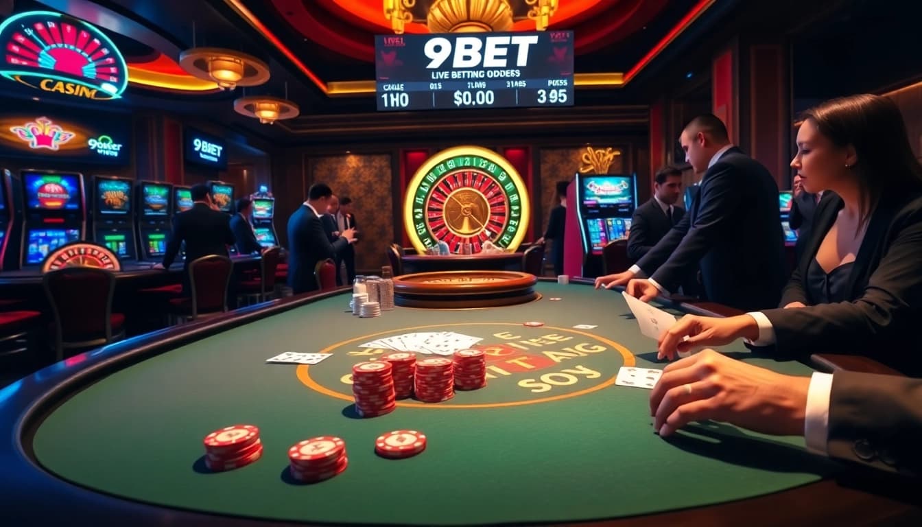 Players enjoying high stakes at a luxurious 9BET poker table with vibrant casino elements.