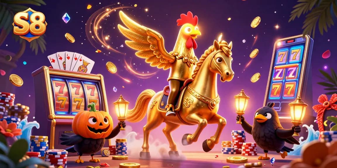 Experience thrilling S8 gaming with a golden rooster and headless horseman in a vibrant casino scene.