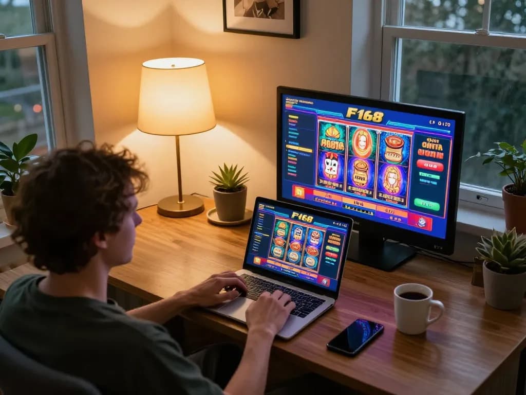Player enjoying F168 online casino gaming at home, laptop displaying vibrant slot games