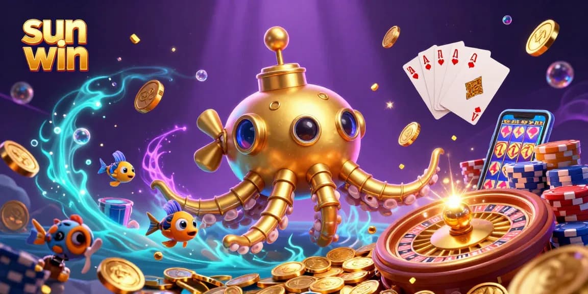 Experience the thrill of sun win with a 3D illustration featuring a golden kraken submarine and vibrant casino elements.