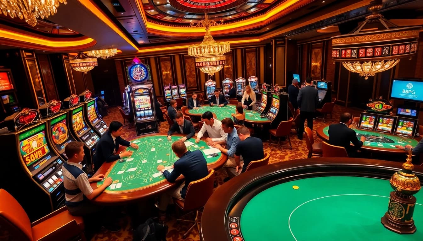 Jugadores de 8PG disfrutando de póker de alto riesgo en un casino vibrante con decoración elegante e iluminación dinámica.