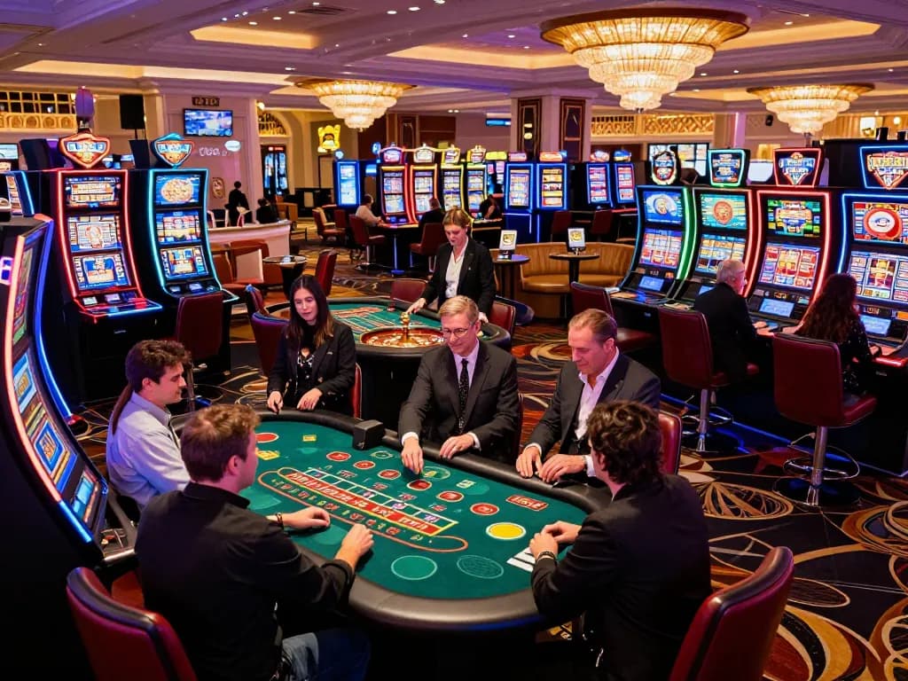 The dynamic atmosphere of nohu26 as players engage at a blackjack table in a vibrant Las Vegas casino setting