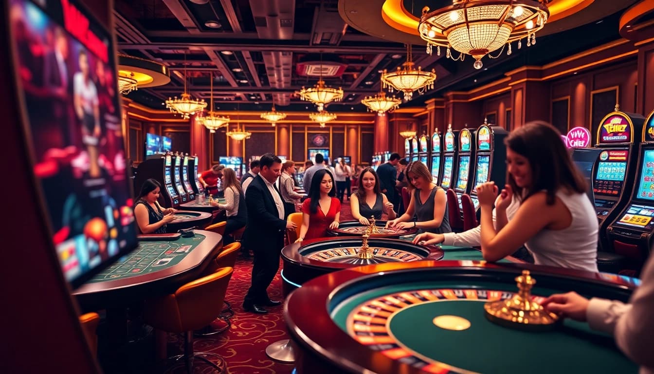 Escena de casino emocionante con la vibrante marca de vvvbet, que muestra a jugadores en mesas de póker y máquinas tragamonedas.