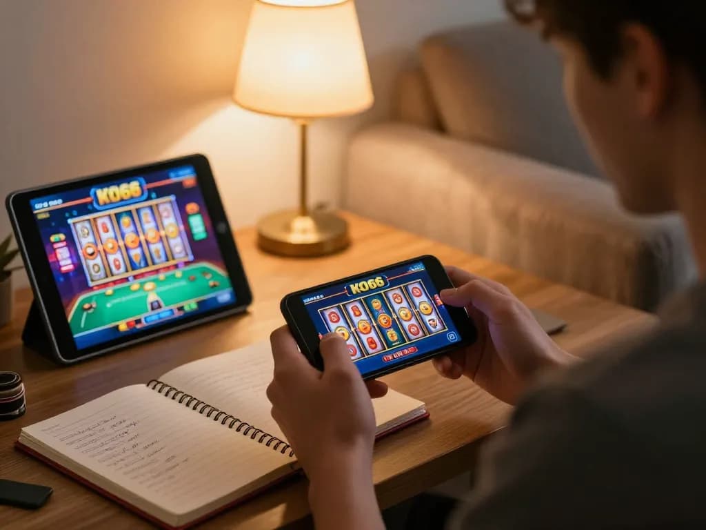 Người chơi hào hứng thưởng thức ứng dụng casino KO66 trên điện thoại thông minh trong một không gian ấm cúng tại nhà.