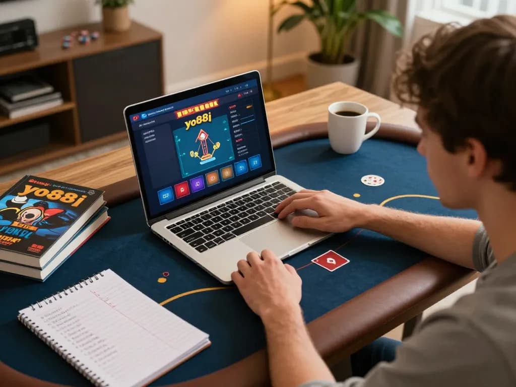 Player engaging with the yo88i poker game on a laptop, showcasing strategic online gaming at home