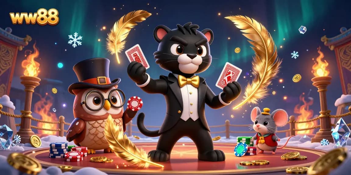 ww88 showcases a cartoon black panther elegantly dealing cards while winning big at the casino