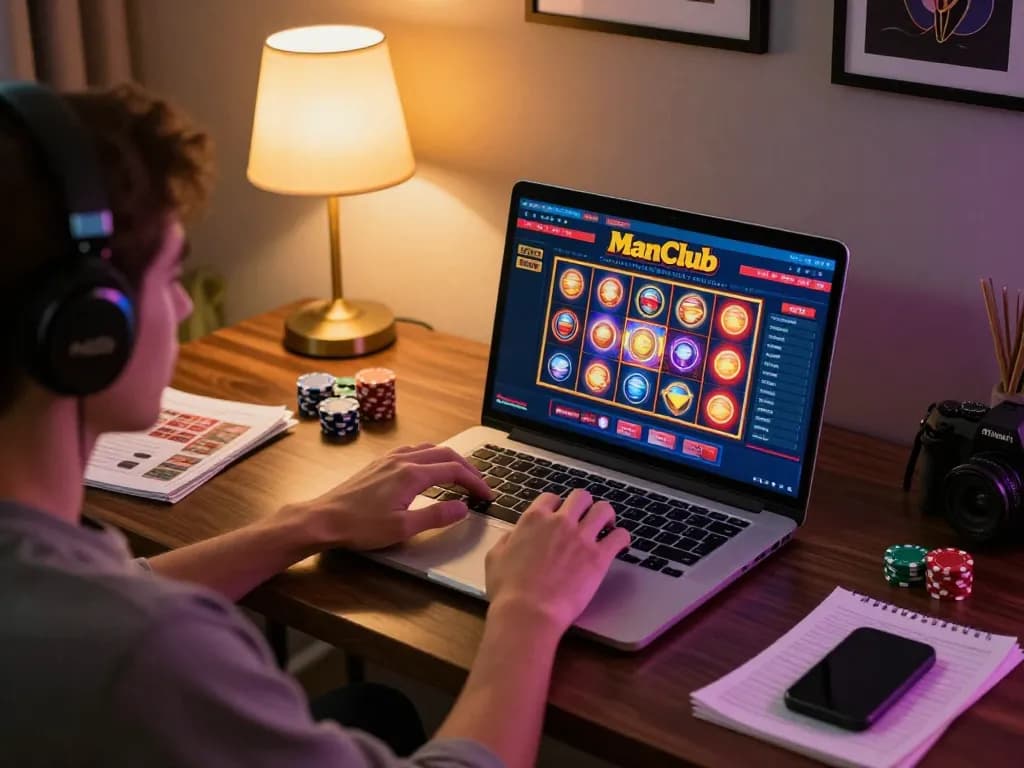 Active player engaging with ManClub online casino interface, showcasing vibrant slot game action.