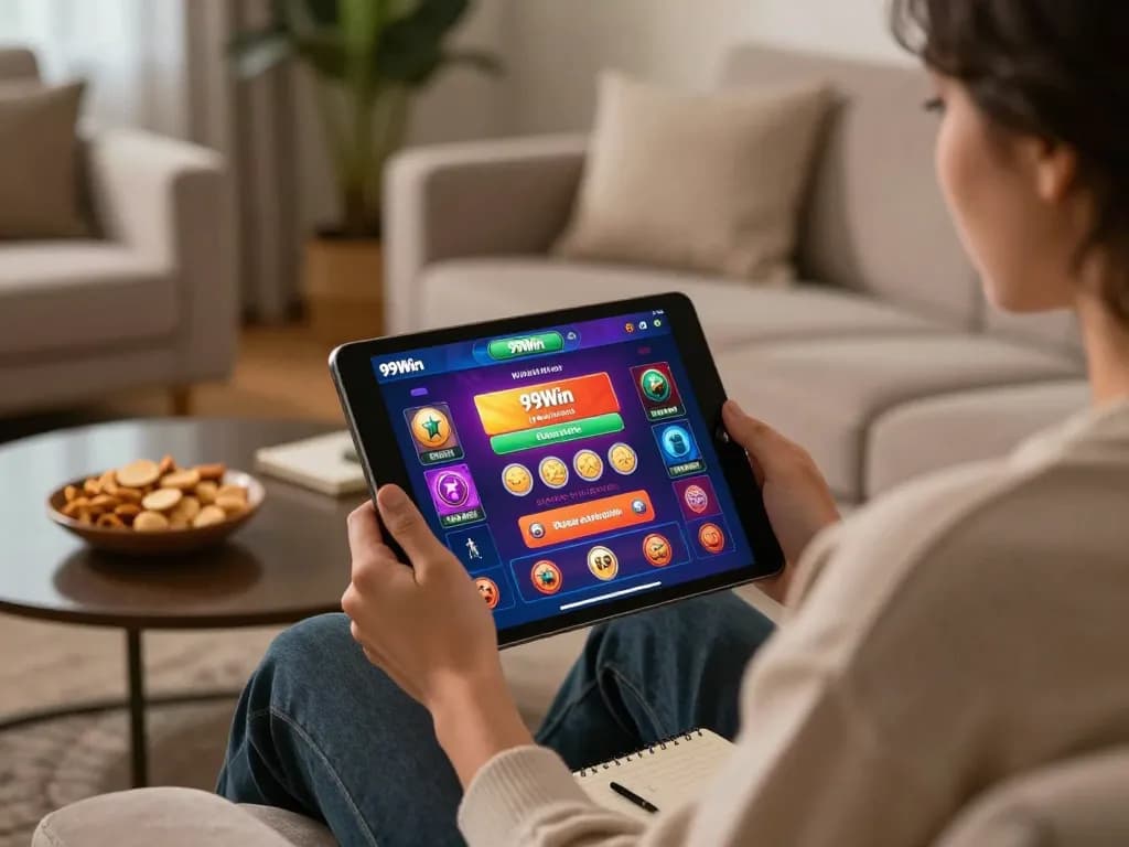 Playing 99Win on a tablet in a cozy home setting with strategic betting notes